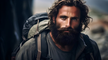 Portrait of a bearded man with a backpack in the mountains.の素材