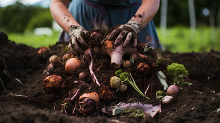 Close-up of gardener's hands planting potatoes in the gardenの素材