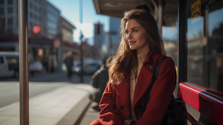 Portrait of a beautiful young woman in red coat on the city streetの素材