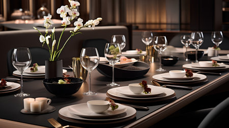 Luxury table setting in a restaurant. 3d rendering.の素材