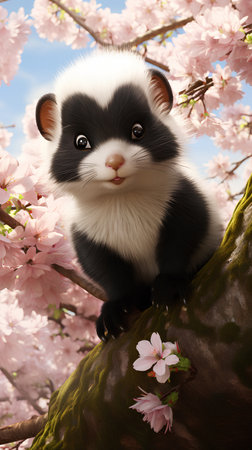 Cute black and white hamster sitting on a tree with pink flowersの素材