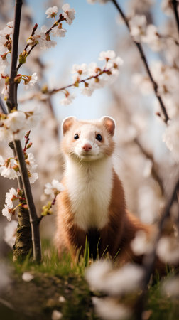 Cute ferret on the background of blooming apricot treeの素材