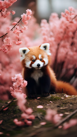 Red panda in front of cherry blossoms in springtime.の素材