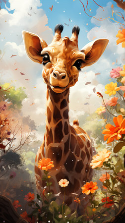 Giraffe in the forest with flowers. Vector illustration for your designの素材