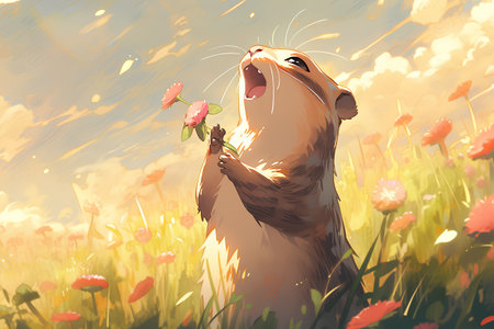 Cute hamster with flowers in meadow. Digital painting.の素材