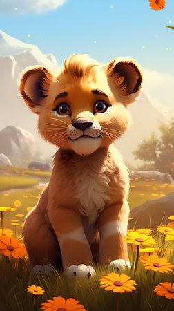 Lion in the meadow with flowers. 3D illustration.の素材