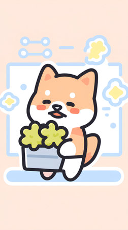 Cute cartoon cat sitting on the floor with a pot of flowersの素材