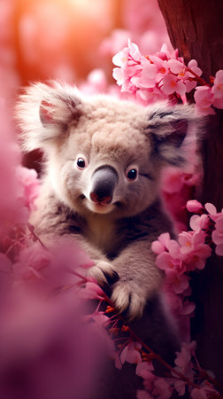 Cute koala in a blooming sakura tree. Floral background.の素材