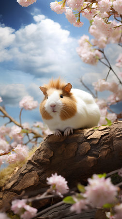 guinea pig on a tree branch with sakura blossom backgroundの素材