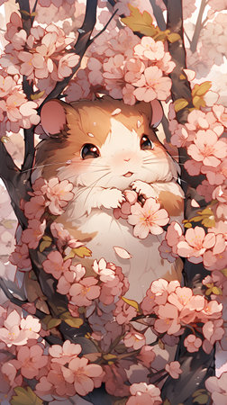 Cute hamster in blooming cherry tree. Digital painting.の素材