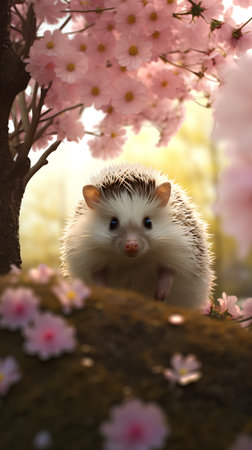 Hedgehog with cherry blossom in spring time, 3d renderの素材
