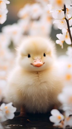 Cute little baby duckling in blooming spring garden. Easter concept.の素材