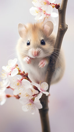 Cute little hamster on a flowering branch of sakura.の素材