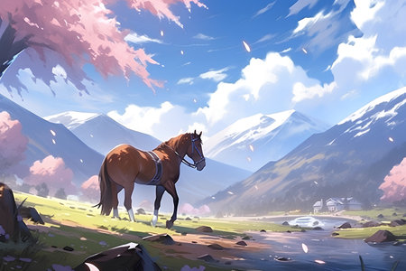 Horse on the meadow in the mountains. Vector illustration.の素材