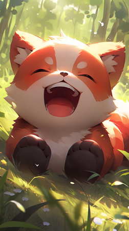 Cute cartoon fox sitting in the grass and smiling. Illustrationの素材