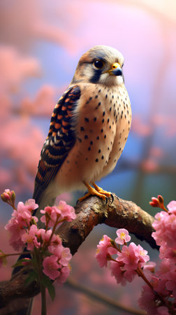 Kestrel bird sitting on a branch with pink sakura flowersの素材