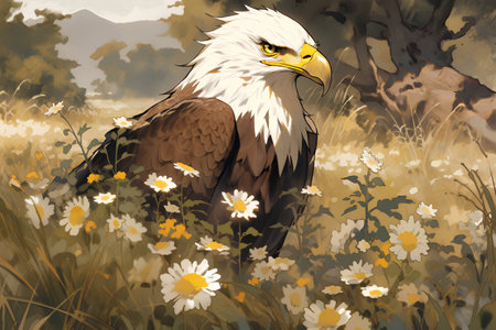Bald Eagle in a field of daisies. Digital painting.の素材