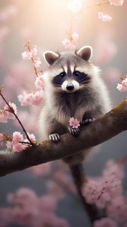 Cute raccoon sitting on a branch with pink sakura flowers.の素材