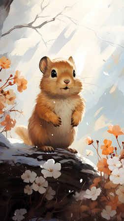 Cute hamster sitting on a rock in the forest. Vector illustration.の素材