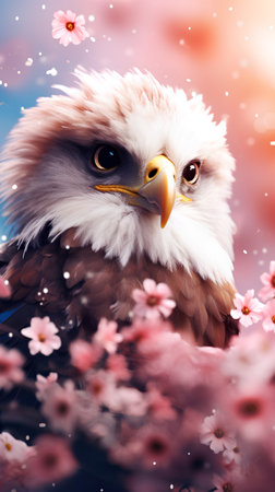 Beautiful portrait of a bald eagle with cherry blossom background.の素材