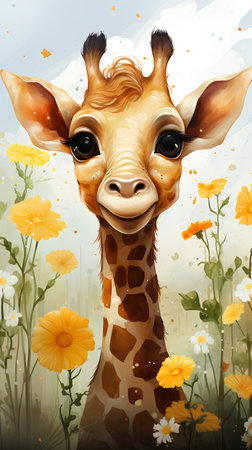 Cartoon giraffe in the field with flowers. Vector illustration.の素材