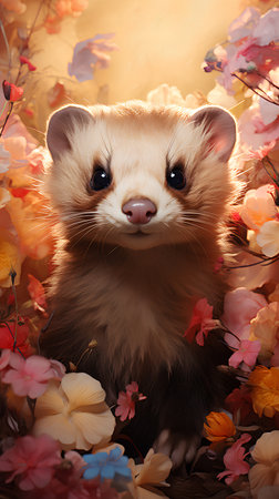 Portrait of a ferret on a background of autumn flowers.の素材