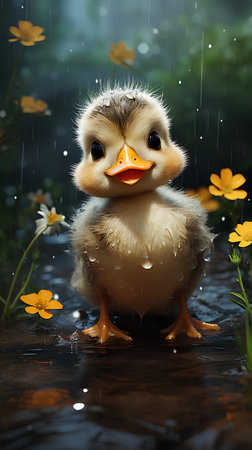 Cute little duckling standing in the rain on a background of flowersの素材