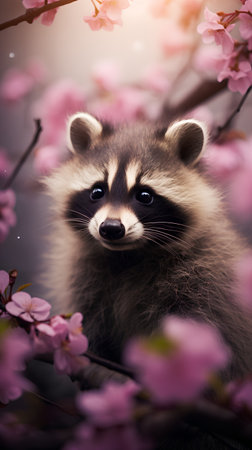 Cute raccoon on a branch of blossoming sakura.の素材