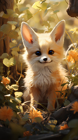 Red fox in the autumn forest. Cute little fox with blue eyes.の素材