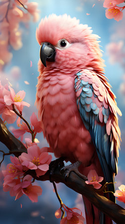 Pink parrot on a branch with sakura flowers. 3d renderingの素材