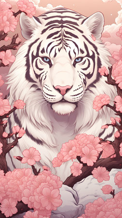 Vector illustration of a white tiger surrounded by pink sakura flowers.の素材