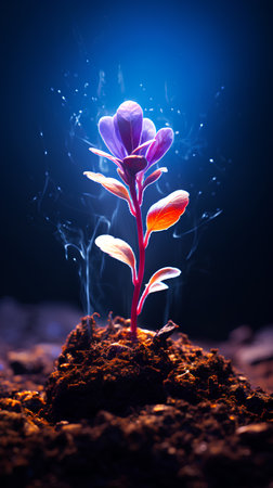Plant sprout growing from soil on dark background. New life conceptの素材