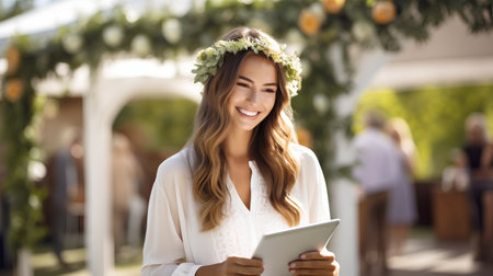 Young beautiful woman in a wreath of flowers using a digital tablet.の素材