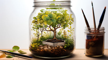 Plant in a glass jar with paintbrushes and pencilsの素材