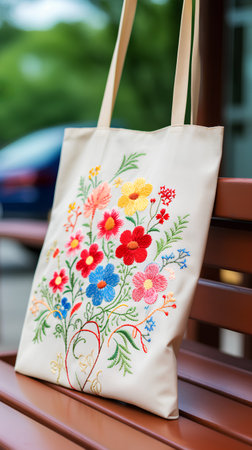 Handmade canvas bag with floral embroidery on the bench.の素材