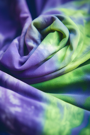 Texture, background, pattern, postcard, silk fabric of green and purple color, the fabric is wrinkled.の素材