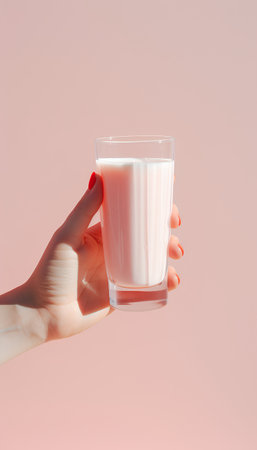 Female hand holding a glass of milk isolated on a pink background.の素材