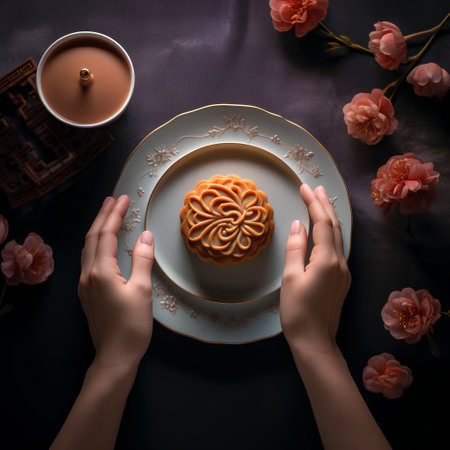 Mid-Autumn Festival moon cake in woman hands on dark backgroundの素材