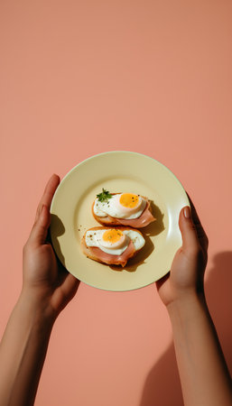 cropped view of woman holding plate with tasty sandwiches with fried eggs isolated on pinkの素材
