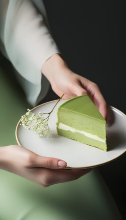 Female hand holding a piece of green tea cake on a plate.の素材