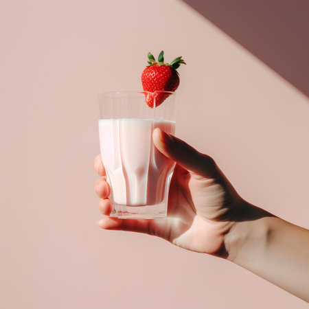 Female hand holding a glass of milk and strawberry on a pink backgroundの素材