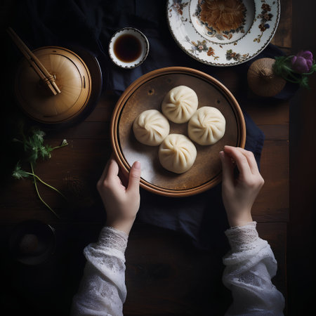 Traditional Chinese steamed dumpling baozi on wooden tableの素材