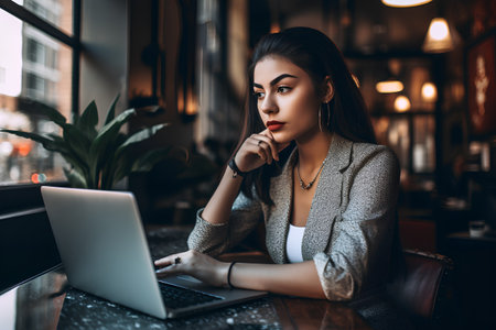 Beautiful young woman is using a laptop while sitting in a cafe.の素材