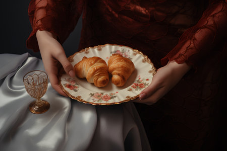 croissants in the hands of a girl in a red dressの素材