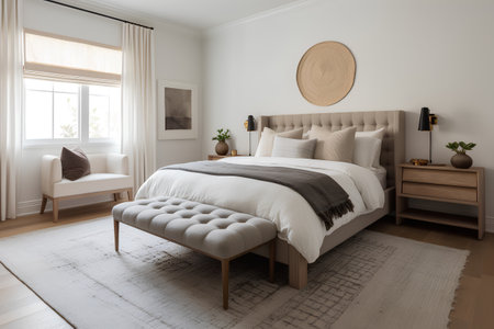 3d render of a bedroom interior with a bed and a wooden tableの素材