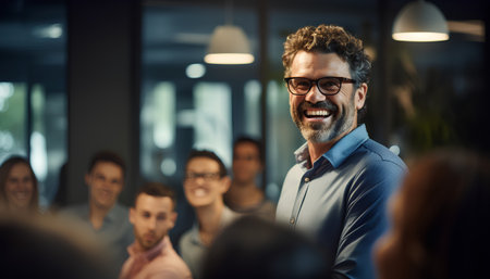 Portrait of a smiling businessman standing in front of his colleagues in the officeの素材