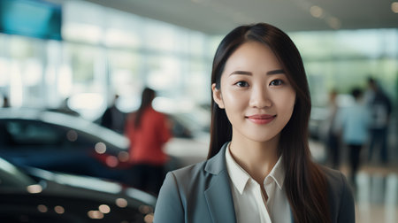 Young asian businesswoman standing in car showroom and looking at camera.の素材
