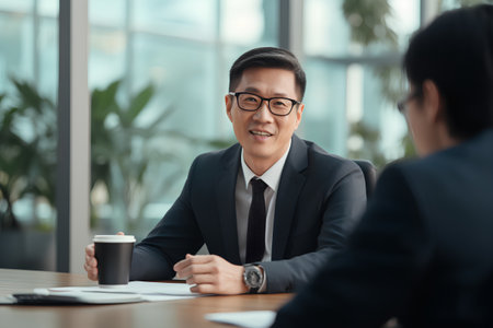 Smiling asian businessman talking to his colleague during meeting in officeの素材