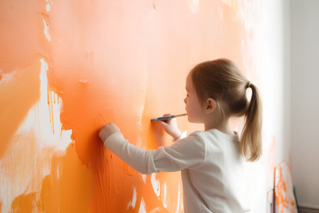 Little girl paints the wall with a brush. The child paints the walls in orange.の素材
