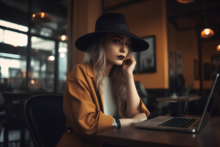 Attractive young woman in hat and coat working on laptop in cafeの素材